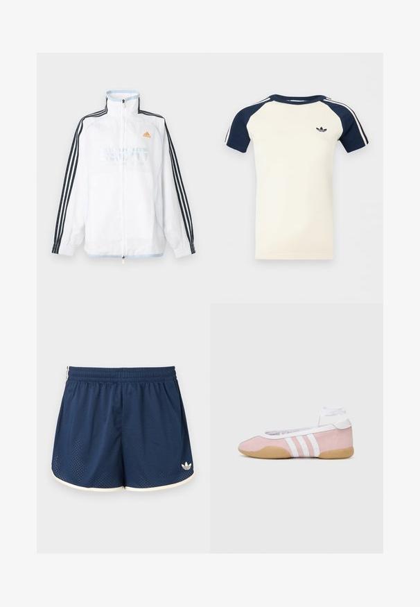 Veste zippée Adidas blanche avec col montant, manches noires à trois bandes et logo orange sur la poitrine.; Chemise crème à manches courtes avec manches raglan bleu marine, rayures blanches sur les manches, et un petit logo Adidas noir sur la poitrine.; Short de sport bleu marine avec taille élastique, bordure blanche, tissu mesh respirant et logo Adidas sur la jambe inférieure droite.; adidas Originals TAEKWONDO MEI BALLET - Baskets basses - clear pink/ftwr white/gum