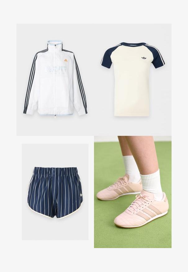 Biela bunda Adidas na zips s vysokým golierom, čiernymi rukávmi s tromi pruhmi a oranžovým logom na hrudi.; Krémová košeľa s krátkym rukávom a námorníckomodrými raglánovými rukávmi, biele pruhy na rukávoch a malým čiernym logom Adidas na hrudi.; Námornícky modré športové šortky s bielymi vertikálnymi pruhmi, elastickým pásom, dvoma prednými patentkami, bielym lemom a logom Adidas na ľavej nohe.; Svetloružové športové topánky s diagonálnym šitím, bielymi podrážkami a tromi bočnými pruhmi. Nosené s rebrovanými bielymi ponožkami na zelenej ploche.
