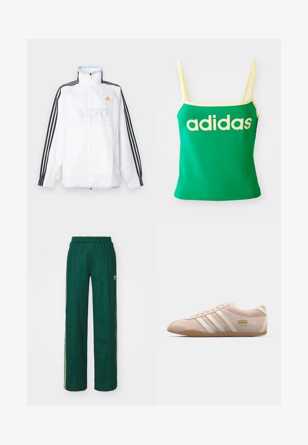 Chaqueta blanca de Adidas con cremallera, cuello alto, mangas negras con tres rayas y logo naranja en el pecho.; Top verde con detalles amarillos, hecho de material elástico. Presenta un gran logo de "adidas" amarillo en el frente y tirantes delgados.; Pantalones deportivos de color verde oscuro con un corte relajado, que cuentan con una cintura con cordón, bolsillos laterales y franjas color crema a lo largo de los costados.; adidas Originals TOKYO - Zapatillas - quartz/off white