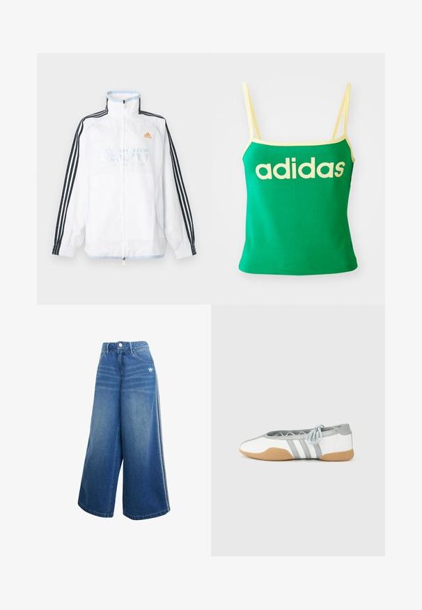 Veste zippée Adidas blanche avec col montant, manches noires à trois bandes et logo orange sur la poitrine.; Débardeur vert avec des accents jaunes, fabriqué dans un matériau extensible. Présente un grand logo "adidas" jaune sur le devant et des bretelles fines.; Jeans en denim à jambes larges de couleur bleu moyen, dotés d'une taille haute, de détails de couture subtils et d'un petit logo blanc à l'avant.; Ballerines blanches et grises avec un bout arrondi et un lacet élastique, présentant trois rayures grises, et une semelle en caoutchouc beige.