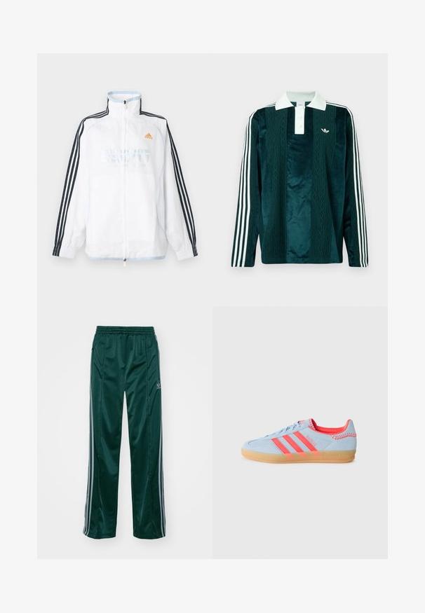 Weißes Adidas Zip-up-Jacke mit hohem Kragen, schwarzen Ärmeln mit drei Streifen und orangefarbenem Logo auf der Brust.; Langärmliges Polohemd aus dunkelgrünem Samt mit weißen Akzenten. Verfügt über eine drei-Knopf-Leiste, ein gesticktes Logo und drei weiße Streifen an den Ärmeln.; Dunkelgrüne Sporthosen aus glänzendem Material, mit seitlichen Streifen in Hellgrau und einem gestickten Logo auf dem linken Bein.; Hellblaue Wildledersneaker mit drei rosa Streifen, Gummisohle und genähten Akzenten. Verfügt über einen gepolsterten Kragen und retro Design-Elemente.