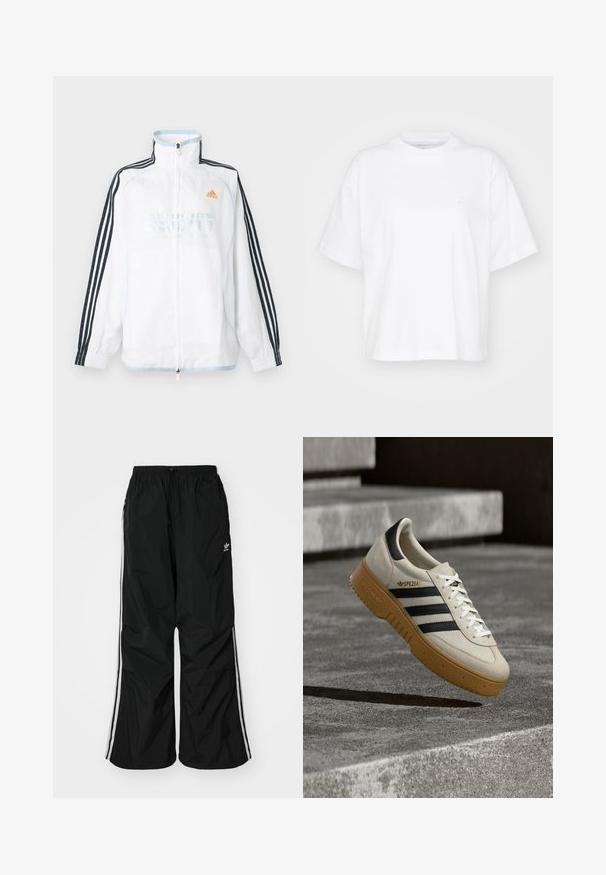Biela bunda Adidas na zips s vysokým golierom, čiernymi rukávmi s tromi pruhmi a oranžovým logom na hrudi.; Biela bavlnená tričko s okrúhlym výstrihom, krátkymi rukávmi a voľným strihom. Obsahuje jemné logo na ľavej strane hrude. Hladká textúra.; Čierne vetrovky nohavice s elastickým pásom, šnúrkou na stiahnutie, bielymi bočnými pruhmi, voľným strihom, s malým logom na ľavej strane.; Béžová semišová teniska s čiernymi pruhmi, bielymi šnúrkami a podrážkou z gumy. Na boku je značka "SPEZIAL".