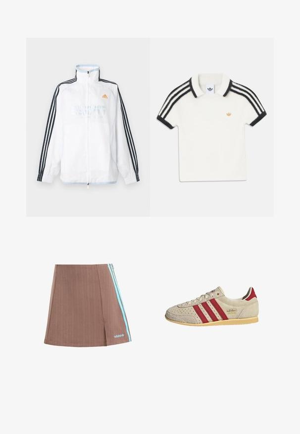 Witte Adidas jas met ritssluiting, hoge kraag, zwarte mouwen met drie strepen en oranje logo op de borst.; Wit poloshirt met korte mouwen, zwarte strepen op schouders en mouwen, zwarte boord aan de kraag en een klein goudkleurig Adidas-logo op de borst.; Bruine geplooide skort met blauwe zijstrepen en logo. Kenmerkt zich door een strakke uitstraling, subtiele textuur en een rechte zoom.; Beige suède Adidas Japan sneaker met rode strepen, geperforeerde teen, vetersluiting en beige zool, gezien van opzij.