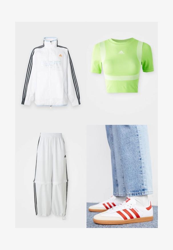 Witte Adidas jas met ritssluiting, hoge kraag, zwarte mouwen met drie strepen en oranje logo op de borst.; Geknipt sportshirt van helder groene stof. Heeft korte mouwen, een ronde hals en een wit diagonale streepdesign op de schouders. adidas-logo aan de voorkant.; Witte sportbroek met een relaxte pasvorm, elastische tailleband en zwarte zijkanten. Voorzien van ritszakken en elastische boorden bij de enkels.; Witte leren sneakers met rode strepen en accenten. Voorzien van een getextureerde gumrubberen outsole en een gevoerde kraag. Draag ze met lichtblauwe denim.