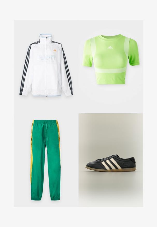 Λευκό μπουφάν Adidas με φερμουάρ και ψηλό γιακά, μαύρα μανίκια με τρεις ρίγες και πορτοκαλί λογότυπο στο στήθος.; Κομμένο αθλητικό μπλουζάκι σε φωτεινό πράσινο ύφασμα. Διαθέτει κοντά μανίκια, στρογγυλή λαιμόκοψη και λευκή διαγώνια ρίγα στους ώμους. Λογότυπο adidas μπροστά.; Πράσινο αθλητικό παντελόνι από νάιλον με κίτρινες λωρίδες στα πλάγια, ελαστική μέση με κορδόνι και ελαστικές μανσέτες στους αστραγάλους.; Μαύρο αθλητικό παπούτσι Adidas Gazelle με λευκές ρίγες, μαύρα κορδόνια και ανοιχτό καφέ σόλα, εμφανιζόμενο σε πλάγια όψη σε ουδέτερο φόντο.