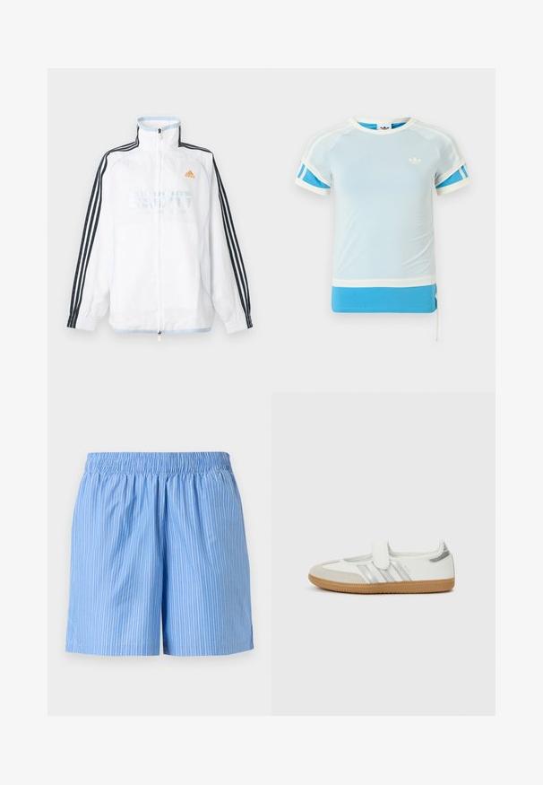 Λευκό μπουφάν Adidas με φερμουάρ και ψηλό γιακά, μαύρα μανίκια με τρεις ρίγες και πορτοκαλί λογότυπο στο στήθος.; Ανοιχτό μπλε αθλητικό μπλουζάκι με λευκές λεπτομέρειες και μπλε πλευρικές πινελιές. Διαθέτει στρογγυλή λαιμόκοψη και κοντά μανίκια, κατασκευασμένο από λεία ύφασμα.; Γαλάζια βαμβακερή βερμούδα με κάθετες λευκές λεπτές ρίγες και ελαστική μέση με ζώνη σούρας.; Λευκό αθλητικό παπούτσι με ασημένιες ρίγες, μυτερή μύτη από σουέτ και λουράκι με βέλκρο. Υφή σόλας από λαστιχένιο καουτσούκ με ανάγλυφη επιφάνεια. Μινιμαλιστικός σχεδιασμός με ομαλή επιφάνεια.