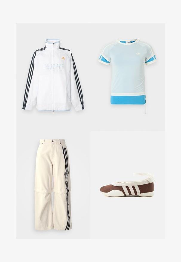 Weißes Adidas Zip-up-Jacke mit hohem Kragen, schwarzen Ärmeln mit drei Streifen und orangefarbenem Logo auf der Brust.; Hellblaues Sport-T-Shirt mit weißen Akzenten und blauen Seitenpaneelen. Es hat einen Rundhalsausschnitt und kurze Ärmel und besteht aus glattem Stoff.; Beige weite Baumwollhosen mit einem schwarzen Dreistreifen-Design an der Seite und einem Adidas-Logo-Patch am Oberschenkel.; Brauner und weißer Ballerinaschuh mit drei weißen Streifen und einer Schleife zum Binden am Knöchel auf einem schlichten hellen Hintergrund.