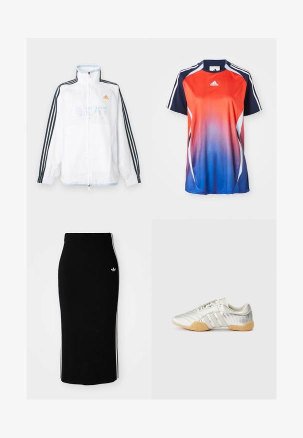 Valge Adidas lukuga jakk kõrge kraega, mustade kolme triibuga varrukatega ja oranži logoga rinnal.; Adidase lühikeste varrukatega spordipluus, millel on punasest siniseks üleminek, tumesinised aktsendid ja valged triibud õlgade äärte ümber.; Must have ribidega midi seelik, millel on hästi liibuv disain, valgete külgtriipude ja väikese valge embleemiga vasakul küljel.; Hõbedane spordijalats, millel on siledast nahast pealmine osa, kummist tallad ja tekstuuriga detailid. Omadused hõlmavad kõverdatud kujundust ja toonitoonilisi paelu.