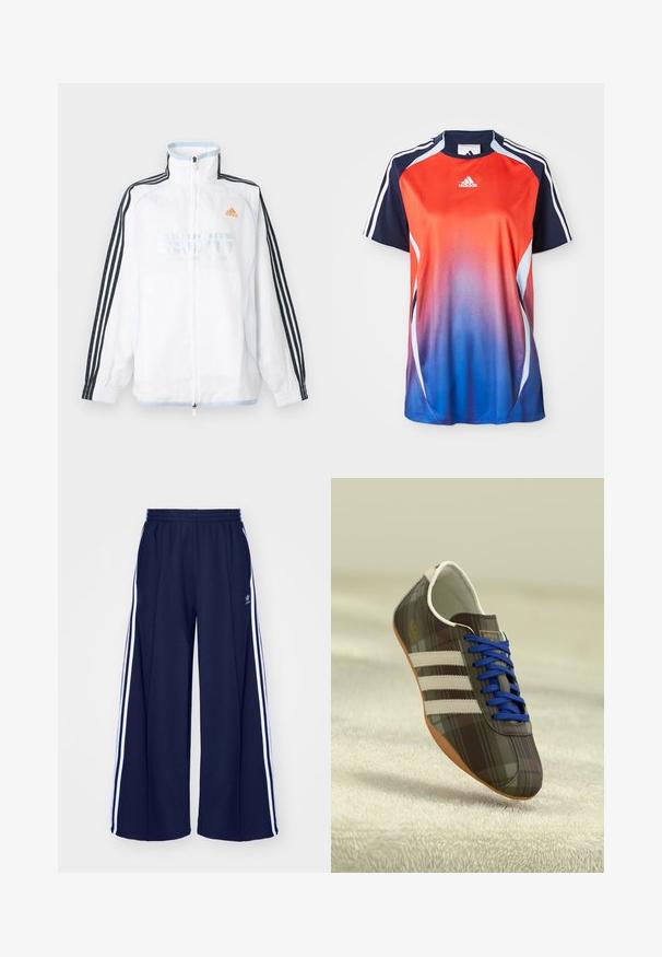 Valkoinen Adidas-vetoketjulla varustettu takki, jossa on korkea kaulus, mustat kolmiraidalliset hihat ja oranssi logo rinnassa.; Adidas t-paita lyhyillä hihoilla, jossa on punaisesta siniseen ulottuva gradientti, tummansinihitsejä ja valkoisia raitoja hartioilla.; adidas Originals PANT - Verryttelyhousut - night indigo; Ruskeat ruudulliset urheilukengät, joissa on siniset nauhat, kolme valkoista raitaa ja sileä pinta, varustettuna vaaleanruskealla kumipohjalla.
