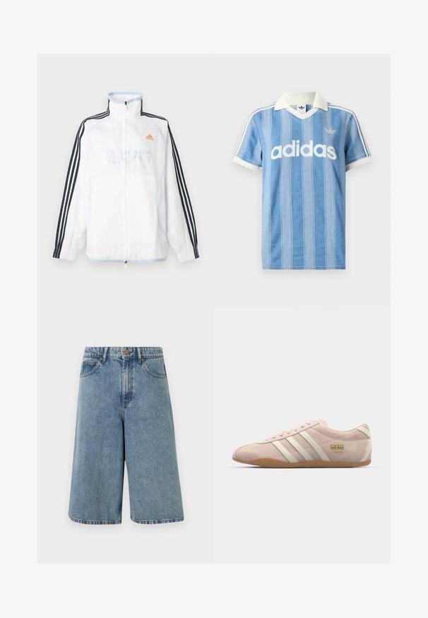 Hvid Adidas lynlåsjakke med høj krave, sorte ærmer med tre striber og orange logo på brystet.; Lyseblå polo med korte ærmer og lodrette striber, hvide detaljer og en fremtrædende hvid "adidas"-logo på forsiden.; Lyseblå cowboyshorts i knælængde med forlommer, bæltestropper og knaplukning.; adidas Originals TOKYO - Sneakers - quartz/off white