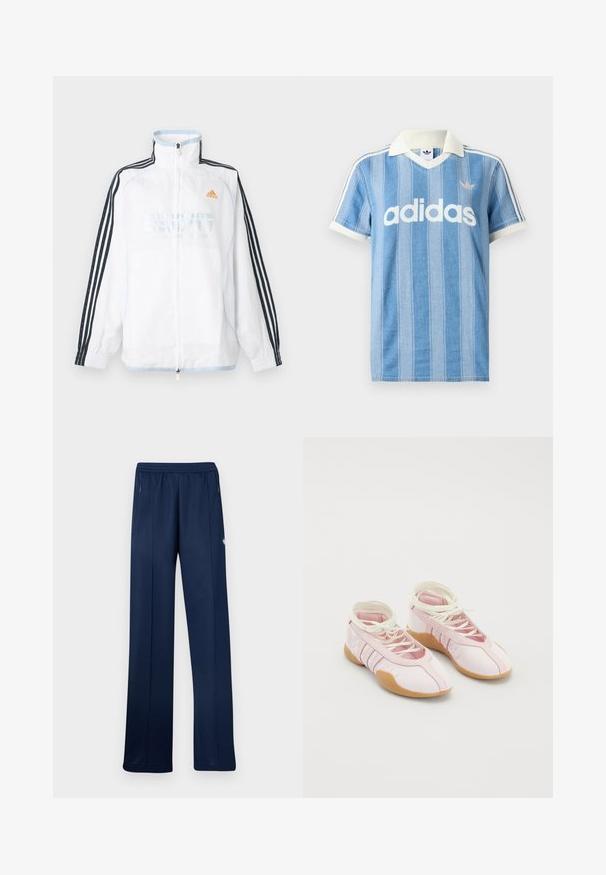 Λευκό μπουφάν Adidas με φερμουάρ και ψηλό γιακά, μαύρα μανίκια με τρεις ρίγες και πορτοκαλί λογότυπο στο στήθος.; Ανοιχτό μπλε κοντομάνικη μπλούζα πόλο με κάθετες ρίγες, λευκές λεπτομέρειες και εμφανές λευκό λογότυπο "adidas" στο μπροστινό μέρος.; Μπλε σκούρο αθλητικό παντελόνι με ελαστική μέση, πλαϊνές τσέπες με φερμουάρ, ίσια γραμμή και μικρό λευκό λογότυπο στο δεξί μηρό.; Ροζ καμβά παπούτσια με μαλακή υφή, διαθέτοντας σχέδιο με κορδόνια και σόλα από καουτσούκ γκόμ. Διακοσμητικά στοιχεία και τρείς ρίγες στο πλάι.