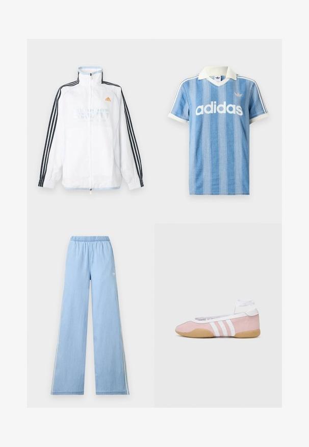 Hvid Adidas lynlåsjakke med høj krave, sorte ærmer med tre striber og orange logo på brystet.; Lyseblå polo med korte ærmer og lodrette striber, hvide detaljer og en fremtrædende hvid "adidas"-logo på forsiden.; Lyseblå vidde bukser med elastisk talje og diskret hvid Adidas-logo på venstre side.; adidas Originals TAEKWONDO MEI BALLET - Sneakers - clear pink/ftwr white/gum