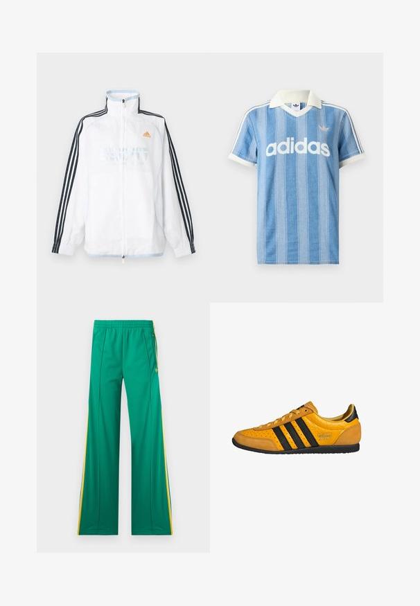 Biela bunda Adidas na zips s vysokým golierom, čiernymi rukávmi s tromi pruhmi a oranžovým logom na hrudi.; Svetlomodré polokošeľa s krátkym rukávom s vertikálnymi pruhmi, bielymi akcentmi a výrazným bielym logom „adidas“ na prednej strane.; Zelené tepláky s žltými bočnými pruhmi, elastickým pásom a vreckami so zipsom, zobrazené na bielom pozadí.; Žltá kožená teniska s čiernymi pruhmi, viazaním na šnúrky, perforovanou špičkou a textúrovanými detailmi na päte s označením "adidas Japan." Podošva z gumy.