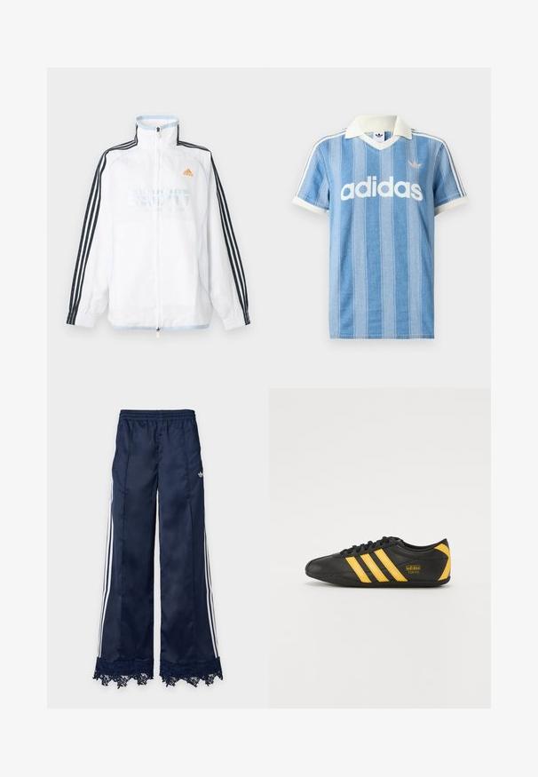 Λευκό μπουφάν Adidas με φερμουάρ και ψηλό γιακά, μαύρα μανίκια με τρεις ρίγες και πορτοκαλί λογότυπο στο στήθος.; Ανοιχτό μπλε κοντομάνικη μπλούζα πόλο με κάθετες ρίγες, λευκές λεπτομέρειες και εμφανές λευκό λογότυπο "adidas" στο μπροστινό μέρος.; Ναυτικό μπλε παντελόνες φόρμας με φαρδύ μπατζάκι, λευκές ρίγες πλαϊνές, ελαστική μέση, λογότυπο adidas στο ισχίο και δαντέλα στο κάτω μέρος.; Μαύρο αθλητικό παπούτσι από δέρμα με κίτρινο σχέδιο τριών λωρίδων, στρογγυλή τούφα, μαύρες κορδόνες και μικρό λογότυπο στο πλάι. Χαμηλού προφίλ σιλουέτα.