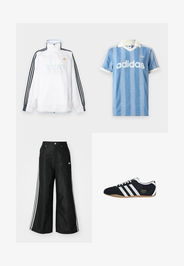 Biela bunda Adidas na zips s vysokým golierom, čiernymi rukávmi s tromi pruhmi a oranžovým logom na hrudi.; Svetlomodré polokošeľa s krátkym rukávom s vertikálnymi pruhmi, bielymi akcentmi a výrazným bielym logom „adidas“ na prednej strane.; Čierne džínsy s širokým strihom, s tromi bielymi pruhmi po stranách a malým bielym logom. Obsahujú predné vrecká a zapínanie na gombík.; Čierne semišové tenisky s bielymi tromi pruhmi, zlatým logom a hnedou gumovou podrážkou. Disponujú nízkym šnurovacím dizajnom.