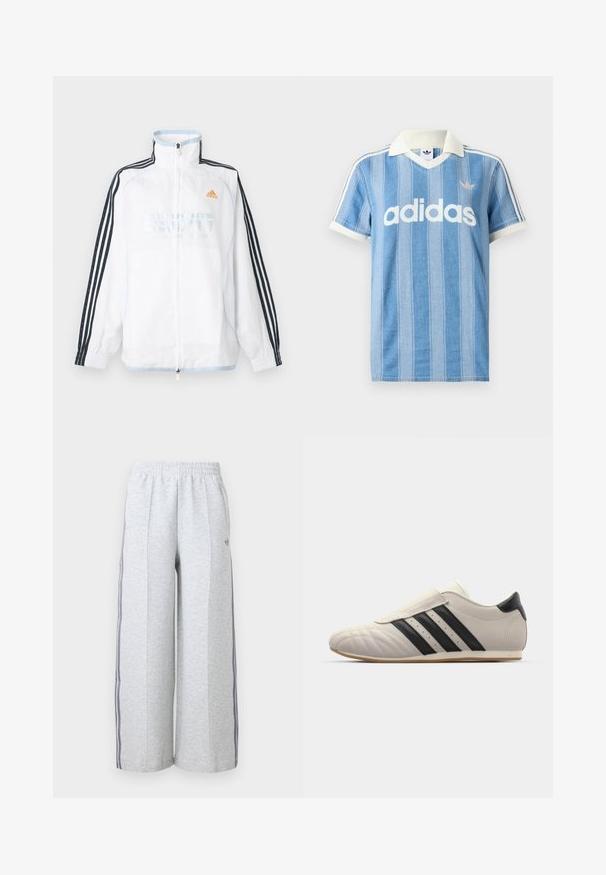 Λευκό μπουφάν Adidas με φερμουάρ και ψηλό γιακά, μαύρα μανίκια με τρεις ρίγες και πορτοκαλί λογότυπο στο στήθος.; Ανοιχτό μπλε κοντομάνικη μπλούζα πόλο με κάθετες ρίγες, λευκές λεπτομέρειες και εμφανές λευκό λογότυπο "adidas" στο μπροστινό μέρος.; Ανοιχτό γκρι φαρδιά φόρμα με ελαστική μέση και σκούρες γκρι ρίγες στα πλάγια, με μικρό λογότυπο στο αριστερό μηρό.; Ανοιχτό γκρι αθλητικό παπούτσι με μαύρες ρίγες, στρογγυλή μύτη, λείο δερμάτινο άνω μέρος, κλείσιμο με βελουτέ λουράκι και καουτσούκ σόλα.