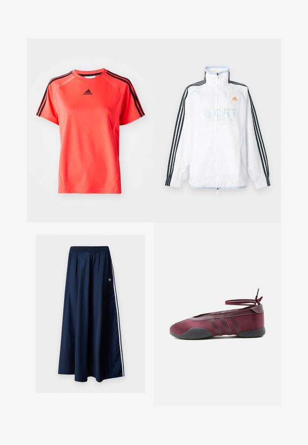 Witte Adidas jas met ritssluiting, hoge kraag, zwarte mouwen met drie strepen en oranje logo op de borst.; Korte mouwen, fel koraalkleurig sport T-shirt gemaakt van lichtgewicht stof. Heeft een zwart Adidas-logo en drie zwarte strepen op elke schouder.; Donkerblauwe maxi-rok met elastische tailleband, twee witte zijstrepen en een klein wit Adidas-logo aan de linkerkant.; Bordeauxrode ballerina met zwarte zool, elastische enkelbandjes die in een strik zijn gebonden, en gestikte details aan de zijkanten, gezien vanaf de buitenkant.