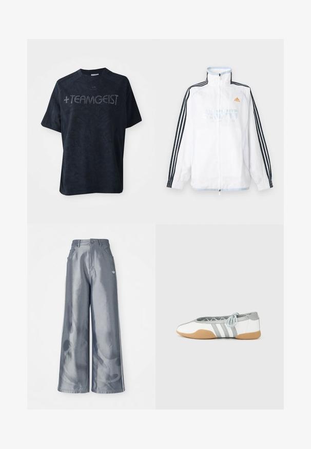 Weißes Adidas Zip-up-Jacke mit hohem Kragen, schwarzen Ärmeln mit drei Streifen und orangefarbenem Logo auf der Brust.; Schwarzes T-Shirt mit kurzen Ärmeln aus weichem Stoff, das ein strukturiertes Muster aufweist und mit Strasssteinen verziert ist, die " +TEAMGEIST" buchstabieren.; Weite Hose aus glänzendem grauem Material, ausgestattet mit weißen seitlichen Streifen und einem Flammenmuster an den Unterschenkeln. Knopf- und Reißverschlussverschluss an der Taille.; Weiße und graue Ballerinas mit abgerundeter Spitze und elastischer Schnürung, mit drei grauen Streifen und einer beigen Gummisohle.