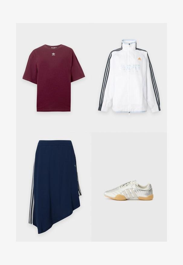 Λευκό μπουφάν Adidas με φερμουάρ και ψηλό γιακά, μαύρα μανίκια με τρεις ρίγες και πορτοκαλί λογότυπο στο στήθος.; Μπορντό βαμβακερό μπλουζάκι με στρογγυλή λαιμόκοψη και κοντά μανίκια, με λευκό λογότυπο Adidas στο κέντρο του στήθους. Λείο ύφασμα.; Μπλε ναυτικό ασύμμετρη φούστα με λευκές κάθετες ρίγες στις πλευρές και υφασμάτινο σχέδιο υφής.; Αθλητικό παπούτσι σε ασημί χρώμα με λείο δερμάτινο πάνω μέρος, ελαστική σόλα και υφασμένους διακοσμητικούς τόνους. Διαθέτει καμπυλωτό σχέδιο και κορδόνια στο ίδιο χρώμα.