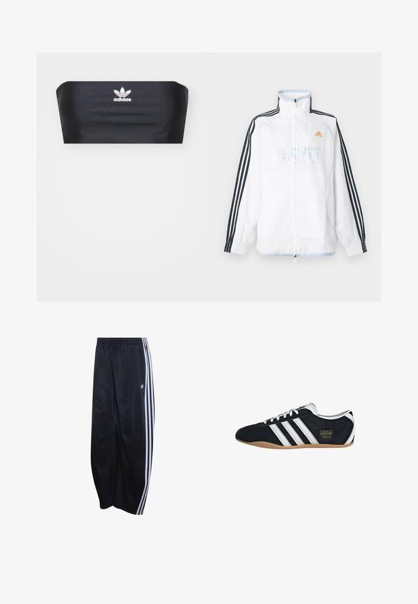 Biela bunda Adidas na zips s vysokým golierom, čiernymi rukávmi s tromi pruhmi a oranžovým logom na hrudi.; Čierny bandeau top vyrobený z hladkej textílie, s bielym logom Adidas umiestneným v strede na prednej strane, bez ďalších vzorov alebo ozdôb.; Čierne teplákové nohavice Adidas s elastickým pásom, biele trojité pruhy po bokoch, vrecko na zips a logo na ľavej nohe.; Čierne semišové tenisky s bielymi tromi pruhmi, zlatým logom a hnedou gumovou podrážkou. Disponujú nízkym šnurovacím dizajnom.