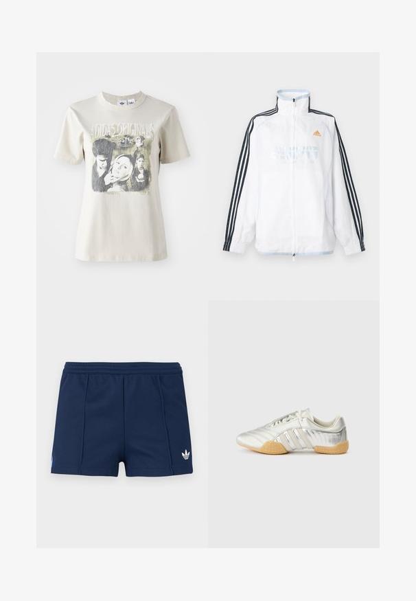 Λευκό μπουφάν Adidas με φερμουάρ και ψηλό γιακά, μαύρα μανίκια με τρεις ρίγες και πορτοκαλί λογότυπο στο στήθος.; Μπεζ βαμβακερό μπλουζάκι με στρογγυλή λαιμόκοψη. Διαθέτει εκτύπωση με γραφικά και χαρακτήρες από το "Buffy," σε μαύρες και γκρίζες αποχρώσεις.; Σπορ σκούρο μπλε σορτς με ελαστική μέση, ευθείες ραφές και μικρό λευκό λογότυπο Adidas trefoil στο μπροστινό δεξί πόδι.; Αθλητικό παπούτσι σε ασημί χρώμα με λείο δερμάτινο πάνω μέρος, ελαστική σόλα και υφασμένους διακοσμητικούς τόνους. Διαθέτει καμπυλωτό σχέδιο και κορδόνια στο ίδιο χρώμα.