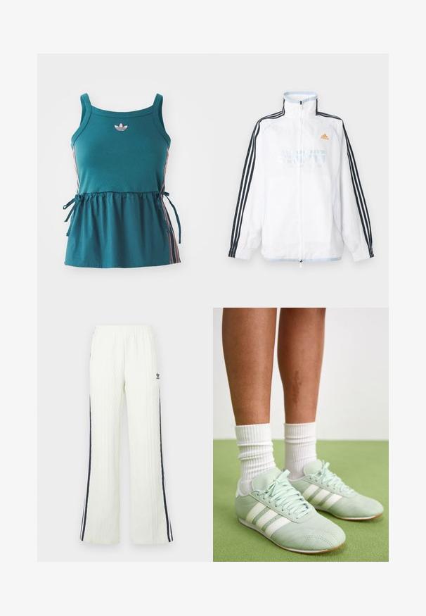 Witte Adidas jas met ritssluiting, hoge kraag, zwarte mouwen met drie strepen en oranje logo op de borst.; Cyan mouwloze top met geplooide taille, roze zijkanten en geborduurd logo. Gemaakt van zachte stof met een losse pasvorm en strikaccenten.; Lichtcrèmekleurige, kabelgebreide broek met een uitlopende pasvorm. Voorzien van donkerblauwe zijstrepen en een Adidas-logo op de heup. Elastische tailleband.; Mintgroene sportschoenen met witte strepen, gladde leren textuur, ronde teen en rubberen zool, gecombineerd met witte geribde sokken.