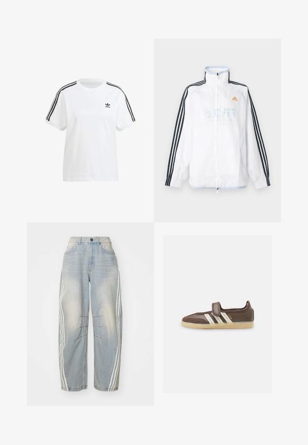 Witte Adidas jas met ritssluiting, hoge kraag, zwarte mouwen met drie strepen en oranje logo op de borst.; Witte katoenen t-shirt met korte mouwen, een ronde hals en zwarte verticale strepen op de schouders, met een klein zwart logo op de borst.; Lichtblauwe denim jeans met een losse pasvorm, voorzien van witte strepen aan de zijkanten, verweringdetails en een knoopsluiting in de taille.; Bruine sneaker met drie witte gehaakte strepen en een klittenbandsluiting, beige zool en "SAMBA" tekst aan de zijkant.