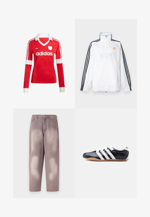Biela bunda Adidas na zips s vysokým golierom, čiernymi rukávmi s tromi pruhmi a oranžovým logom na hrudi.; Červený futbalový dres s dlhým rukávom a bielym golierom a manžetami. Na ramenách sú tri biele pruhy a výrazne zobrazené logo "adidas".; Fialové vyblednuté rifle z denimu s vysokým pásom, zapínaním na gombíky a dvoma prednými vreckami, zobrazené na jednoduchom pozadí.; Čierna teniska s bielymi pruhmi a suchými zipsami, textúrovaným povrchom a podrážkou z farebnej gumy, zobrazená z boku na bielom pozadí.