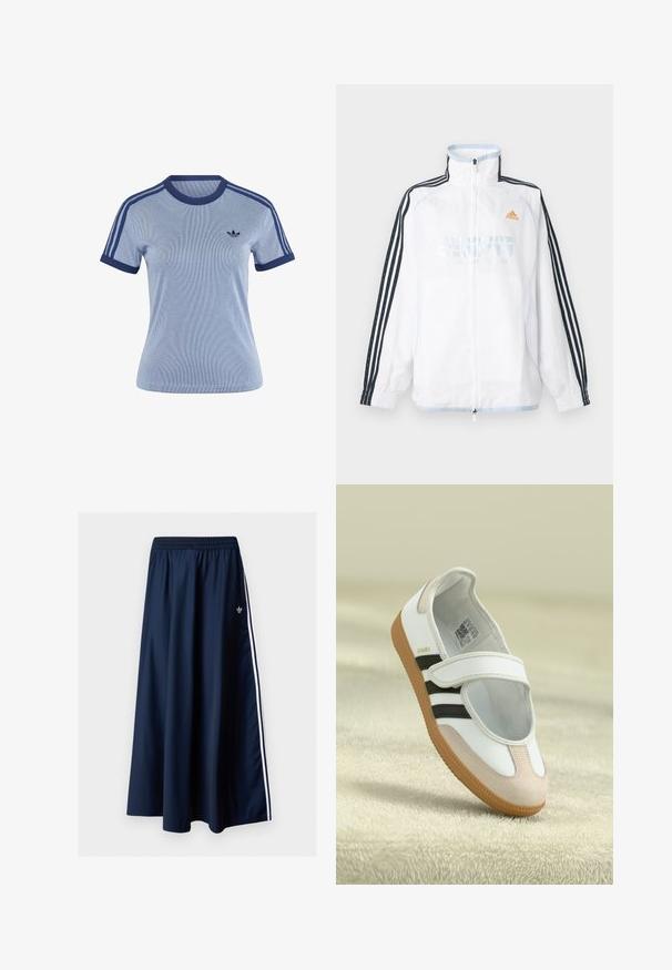 Λευκό μπουφάν Adidas με φερμουάρ και ψηλό γιακά, μαύρα μανίκια με τρεις ρίγες και πορτοκαλί λογότυπο στο στήθος.; Ανοιχτό μπλε κοντομάνικο μπλουζάκι Adidas με σκούρο μπλε περιθώριο στο γιακά και τις μανσέτες, τρεις σκούρες μπλε ρίγες στους ώμους και λογότυπο Adidas στο στήθος.; Μακριά φούστα σε ναυτικό μπλε με ελαστική μέση, δύο λευρές πλαϊνές ρίγες και μικρό λευκό λογότυπο Adidas στην αριστερή πλευρά.; Λευκό παπούτσι με ροζ σουέτ μύτη, μαύρες ρίγες και ιμάντα Velcro. Διαθέτει καφετί καουτσούκ σόλα και λογότυπο στο πλάι.