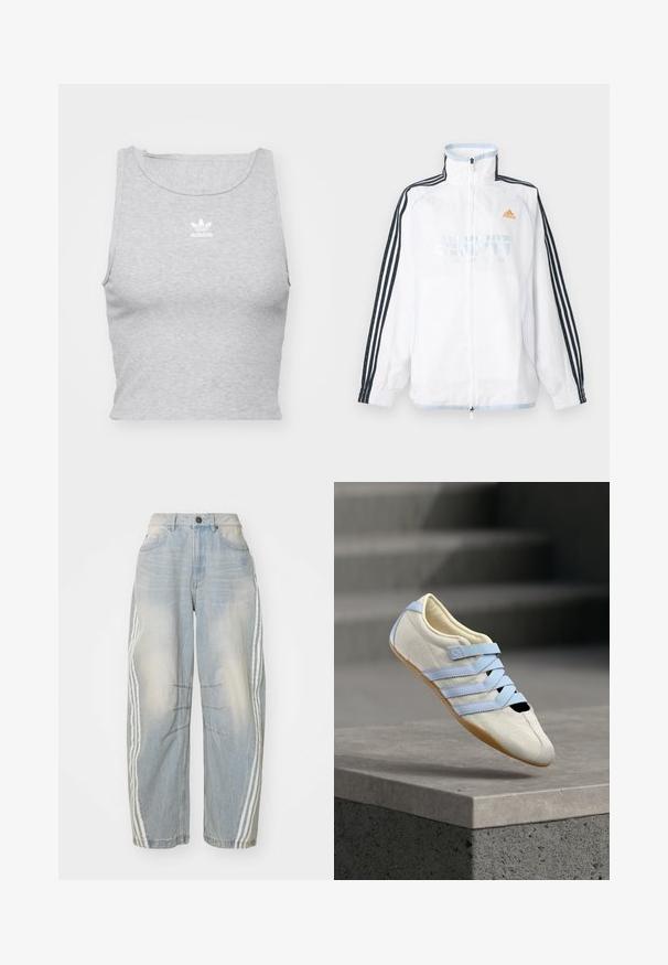 Witte Adidas jas met ritssluiting, hoge kraag, zwarte mouwen met drie strepen en oranje logo op de borst.; Grijze, mouwloze crop top gemaakt van een zachte stof, met een ronde halslijn en een klein wit Adidas-logo op de borst.; Lichtblauwe denim jeans met een losse pasvorm, voorzien van witte strepen aan de zijkanten, verweringdetails en een knoopsluiting in de taille.; Witte suède schoen met lichtblauwe bandjes, een zwarte neuskap en een rubberen zool. Heeft een reliëf bloemenpatroon op het bovenwerk.