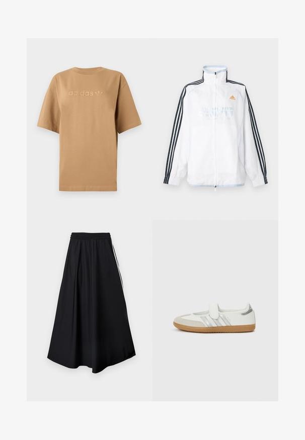 Valge Adidas lukuga jakk kõrge kraega, mustade kolme triibuga varrukatega ja oranži logoga rinnal.; Pruun puuvillane T-särk lühikeste varrukatega ja ümmarguse kaelusega. Omab tõstetud "adidas" logo ja kolmnurga embleemi sama tooni. ; Mustad laia lõikega püksid kummiga vöökohal ja valgete küljeribadega, esitatud tühjal valgel taustal.; Valge toss hõbedaste triipude, seemisnahast varbakorgiga ja takjakinnitusega. Tekstureeritud kummist tallaosaga. Minimalistlik disain siledal viimistlusel.