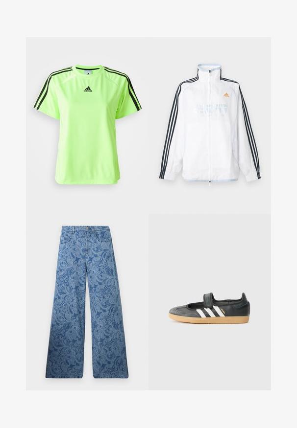 Biela bunda Adidas na zips s vysokým golierom, čiernymi rukávmi s tromi pruhmi a oranžovým logom na hrudi.; Neón zelené športové tričko vyrobené z tkaniny s odvodom vlhkosti. Obsahuje čierny dizajn s tromi pruhmi na pleciach a logo umiestnené na hrudi.; Modré široké rifle s vysokým pásom, zdobené zložitým vzorom paisley a klasickým dizajnom s piatimi vreckami.; Čierne kožené a zamšové tenisky s Velcro pásikom, s tromi bielymi pruhmi a gumenou podrážkou, označené nápisom "SAMBA" na boku.