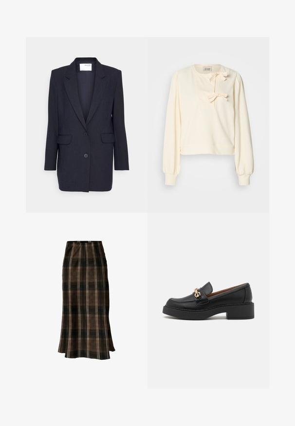 Mørkeblå blazer lavet af struktureret stof. Har en notch-lapel, to forlommer og dobbeltknaplukning. Lange ærmer.; Cremefarvet sweatshirt med lange puffærmer, der har en tekstureret forpatch og to dekorative sløjfer ved halsudskæringen.; Brun og sort ternet midinederdel med lige silhuet og subtilt udvidet kant på hvid baggrund.; Sort læderloafer med en kraftig platformsål, der har et guldbelagt kædeaccent og synlige sømdetaljer. Glat tekstur og strømlinet design.