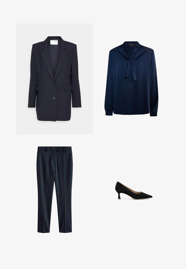 Blazer azul marino oscuro hecho de tejido texturizado. Cuenta con solapa de muesca, dos bolsillos frontales y cierre de doble botón. Mangas largas.; Blusa azul marino de tela lisa, con detalle de cuello atado, mangas largas y cierre de botones en la parte frontal.; Pantalones azul marino de tejido liso con corte recto, que cuentan con una cinturilla con pasadores para cinturón y bolsillos laterales.; Zapato de tacón de ante negro con puntera afilada, tacón cuadrado bajo y forro interior suave. Diseño simple sin patrones ni acentos visibles.