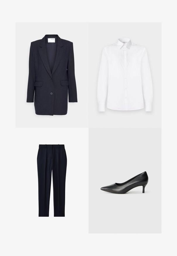 Blazer azul marino oscuro hecho de tejido texturizado. Cuenta con solapa de muesca, dos bolsillos frontales y cierre de doble botón. Mangas largas.; Camisa blanca de manga larga hecha de tela suave, con cuello y botón frontal con botones en rosa claro.; Pantalones entallados en azul marino con trabillas para cinturón, bolsillos laterales, detalle de pliegue frontal y corte recto.; Zapato de tacón puntiagudo de cuero negro con un tacón bajo en forma de cono, textura suave y un corte bajo en la parte superior para mayor visibilidad del pie.