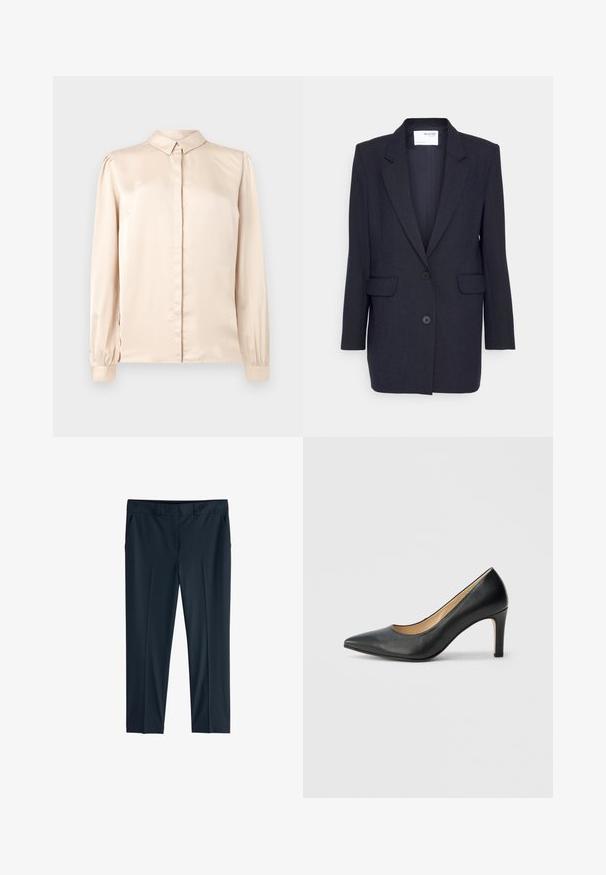 Blazer azul marino oscuro hecho de tejido texturizado. Cuenta con solapa de muesca, dos bolsillos frontales y cierre de doble botón. Mangas largas.; Camisa de satén beige de manga larga con cuello abotonado, pliegue frontal y mangas abullonadas recogidas en los puños. Textura suave y brillante.; Pantalones de vestir entallados en azul marino oscuro con trabillas para cinturón, bolsillos laterales y corte recto.; Zapato de tacón alto de cuero negro con punta puntiaguda y tacón delgado, con una textura suave y diseño minimalista.