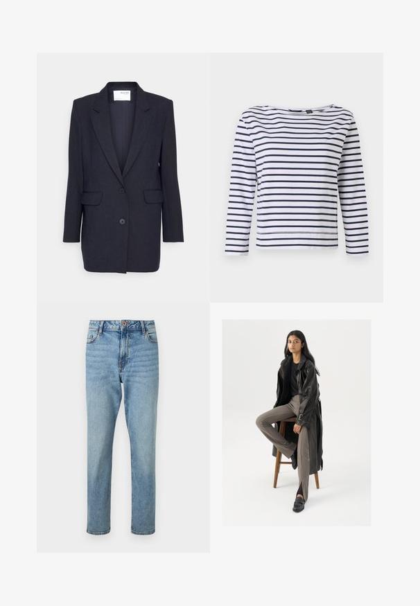 Mørkeblå blazer lavet af struktureret stof. Har en notch-lapel, to forlommer og dobbeltknaplukning. Lange ærmer.; Stribet langærmet top i hvid og marineblå, med en bådudskæring og en afslappet pasform. Lavet af blødt bomuldsstof med syede kanter.; Lyseblå højtaljede jeans med rette ben, forsideknap og lynlåslukning, forlommer og subtile falmede detaljer.; Sort læder trench coat med knapper og bælte detalje, parret med lysebrune tætsiddende bukser og sorte loafers, siddende på en træstol.