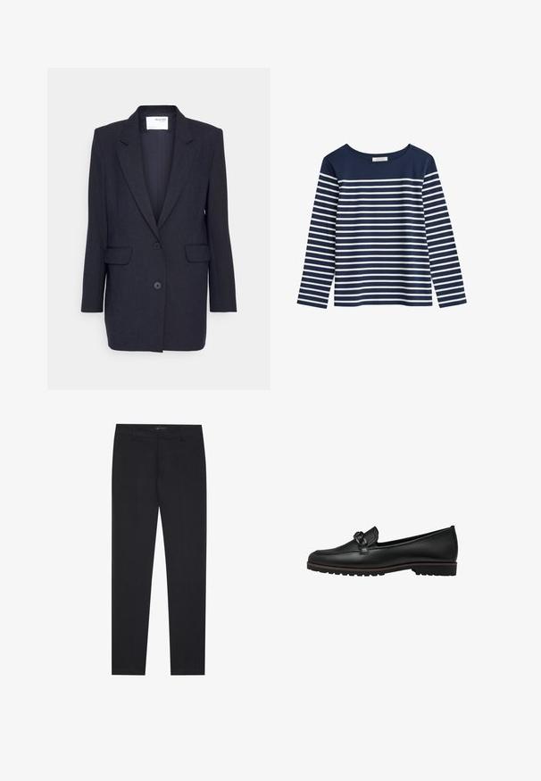 Blazer azul marino oscuro hecho de tejido texturizado. Cuenta con solapa de muesca, dos bolsillos frontales y cierre de doble botón. Mangas largas.; Camisa de manga larga de color marino con rayas horizontales blancas. Cuello redondo, tela suave, corte relajado y sin hardware ni adornos visibles.; Pantalones formales ajustados negros con trabillas y bolsillos frontales, diseñados para un aspecto profesional y a medida.; Mocasines de cuero negro con un acento trenzado en la parte delantera, suela de goma plana y detalles de costura a lo largo del borde.
