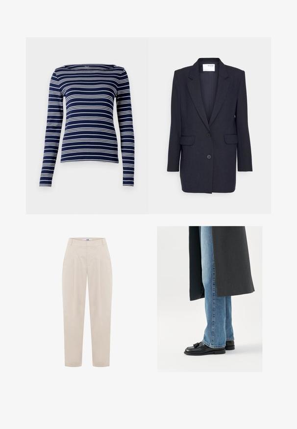 Mørkeblå blazer lavet af struktureret stof. Har en notch-lapel, to forlommer og dobbeltknaplukning. Lange ærmer.; Langærmet marineblå top med hvide vandrette striber, bådudskæring og blødt, strækbart stof. Enkel, tætsiddende design med minimal dekoration.; Beige skræddersyede bukser med høj talje, plisseret front og tapered ben. Lavet af letvægtsstof med en glat tekstur.; Sorte læderloafer med kvaster, båret med lyseblå lige ben jeans, suppleres af en mørkegrå frakke. Rene linjer og struktureret stof.