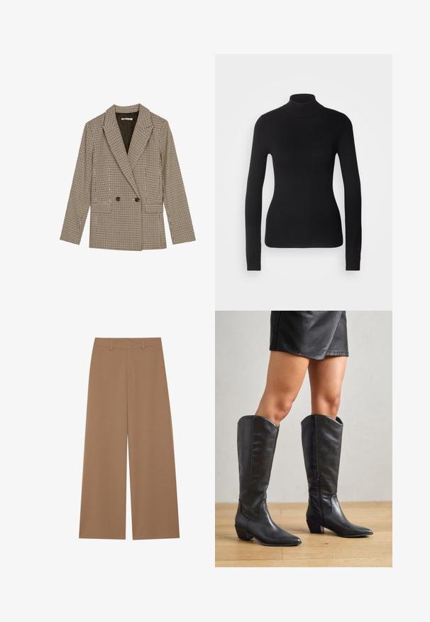 Dobbeltknappet blazer i brun og sort ternet mønster, med klapkrave, sidelommer og et let struktureret stof.; Sort turtleneck sweater lavet af let strikket stof. Har lange ærmer, et tætsiddende design og en blød ribbet tekstur.; Vide benbukser i en ensfarvet brun farve, lavet af et tekstureret stof; har høj talje og struktureret design med bæltestropper.; Sorte knæhøje støvler lavet af glat læder, med spidse tæer, lav blokhæle og lynlås i siden for nem påtagning.