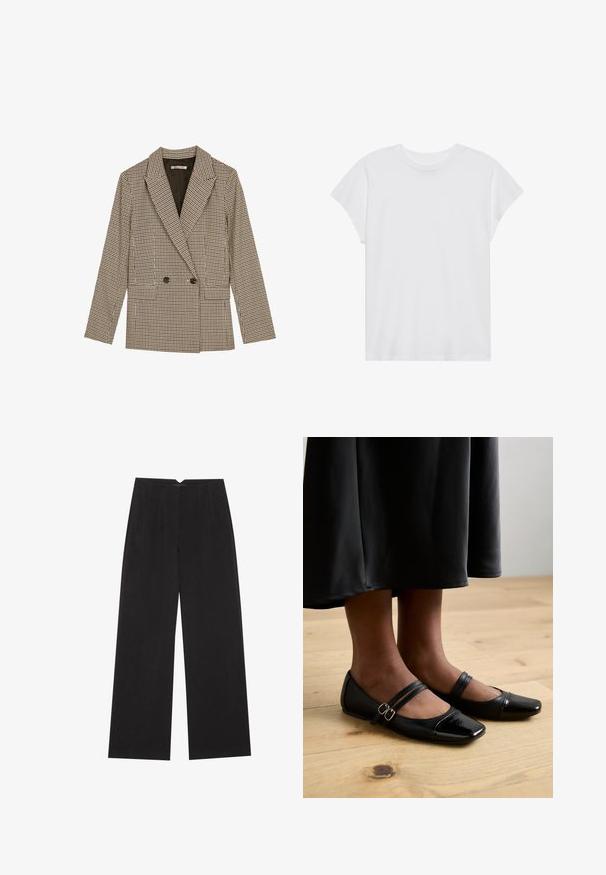 Dobbeltknappet blazer i brun og sort ternet mønster, med klapkrave, sidelommer og et let struktureret stof.; Hvid kortærmet t-shirt med rund hals, afslappet pasform, lavet af blødt bomuldsstof. Glat tekstur, ingen mønstre eller logoer.; Anna Field Bukser - black; Sorte laklæder flade sko med firkantet tå, der har to stropper med spænder. Sålerne er flade på et lyst trægulv.