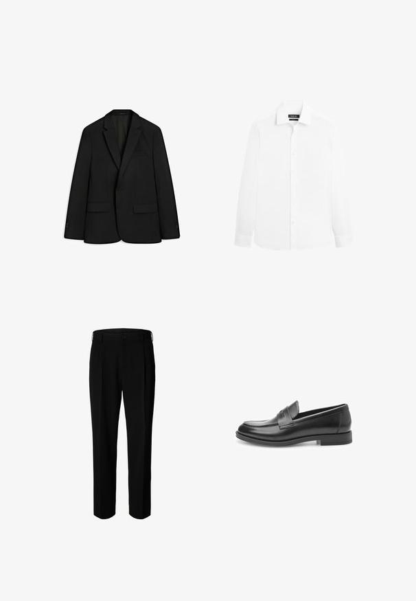 Schwarze Blazer aus schickem Stoff; verfügt über einen Reverskragen, zwei Vorderaschen und einen einzelnen Knopfverschluss. Glatte Textur und taillierte Passform.; Weißes Herrenhemd mit langen Ärmeln, Kragen und Knopfleiste vorne, auf weißem einfarbigem Hintergrund dargestellt.; Schwarze formelle Hose mit Gürtelschlaufen, Frontknopf und Reißverschluss, vor weißem Hintergrund dargestellt.; Schwarze Lederloafer mit glatter Oberfläche, runder Zehenpartie und dekorativem Riemen über der Vorderseite. Flache Gummisohle, klassisches Design.