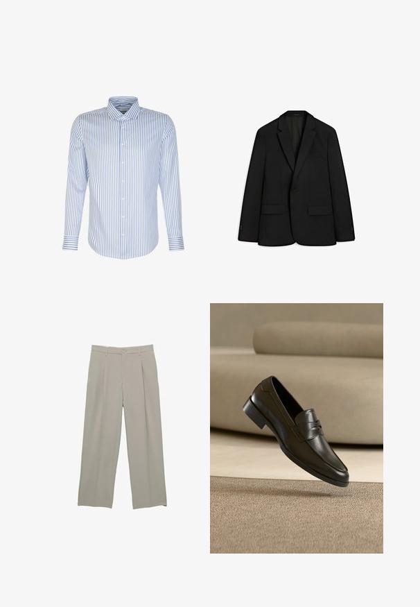 Schwarze Blazer aus schickem Stoff; verfügt über einen Reverskragen, zwei Vorderaschen und einen einzelnen Knopfverschluss. Glatte Textur und taillierte Passform.; Herren Langarmhemd, hellblau mit weißen Streifen, knöpfbarer Frontverschluss, klassischer Kragen, Baumwollstoff, glatte Textur, abgerundeter Saum.; Hellgraue weit geschnittene Hosen mit glatter Textur, mit vorderen Falten, Knopfverschluss und seitlichen Taschen.; Schwarzer Leder-Slipper, der über einem beigen Teppich schwebt, mit einem beigen Sofa im Hintergrund, und zeigt das klassische Herren-Design zum Hineinschlüpfen.