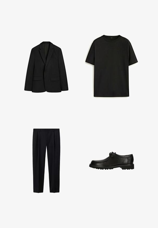 Sort blazer lavet af glat stof; har en krave med notcher, to forlommer og en enkelt knaplukning. Glat tekstur og skræddersyet pasform.; Sort bomulds T-shirt med klassisk rund hals, korte ærmer og afslappet pasform. Glat tekstur, ingen mønstre eller udsmykninger.; Sorte skræddersyede formelle bukser med bæltestropper og sidelommer, lige ben, vist fladt på hvid baggrund.; Sorte lædersko med rund tå, snøredetaljer og en tekstureret sål med godt greb. Den glatte finish forbedrer det samlede design.
