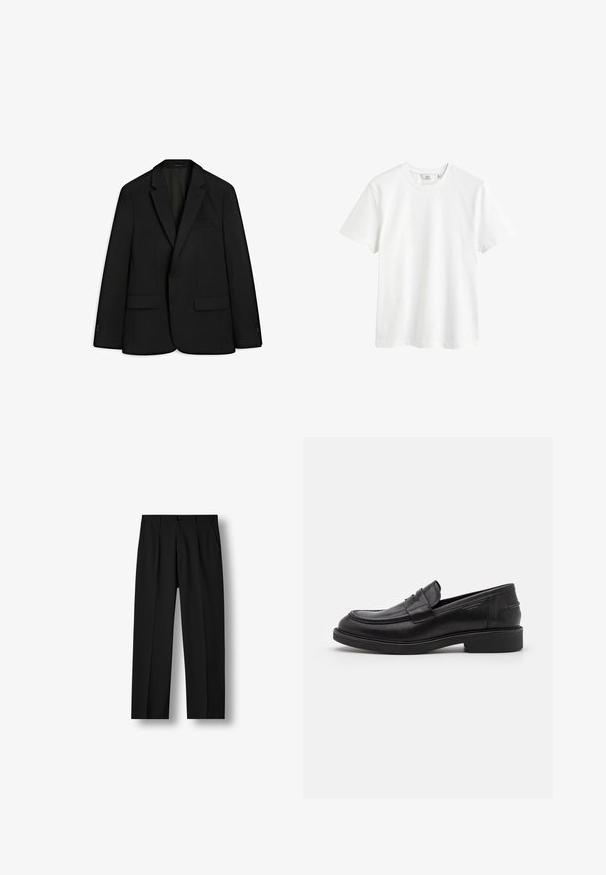 Zwarte blazer gemaakt van sleek stof; voorzien van een paspelkraag, twee voorzakken en een enkele knoopsluiting. Zachte textuur en getailleerde pasvorm.; Witte katoenen t-shirt met een ronde hals, korte mouwen en een ontspannen pasvorm. Gladde textuur en geen zichtbare patronen of accenten.; Zwarte rechte broek met voorplooien, knoopsluiting in de taille en zijzakken op een effen witte achtergrond.; Zwarte leren loafers met een ronde neus, ton-sur-ton stiksels en een banddetail aan de voorkant. Rubberen zool met een lage hak.