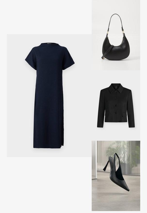 Zwarte jas met lange mouwen en kraag, vier grote knopen en twee voorste klepzakken, gepresenteerd tegen een effen lichte achtergrond.; Navy blauwe jurk met een ontspannen pasvorm, korte mouwen, hoge hals, textuurstof en zijsplitten voor meer bewegingsvrijheid.; Zwart leren slingback stiletto hak met puntige neus, zwevend boven een gladde betonnen vloer en verticale metalen paneel achtergrond.; Zwarte leren handtas met een gebogen vorm, uitgerust met een bovenste ritsluiting, een kort handvat en een afneembare schouderband. Gouden hardware accenten.