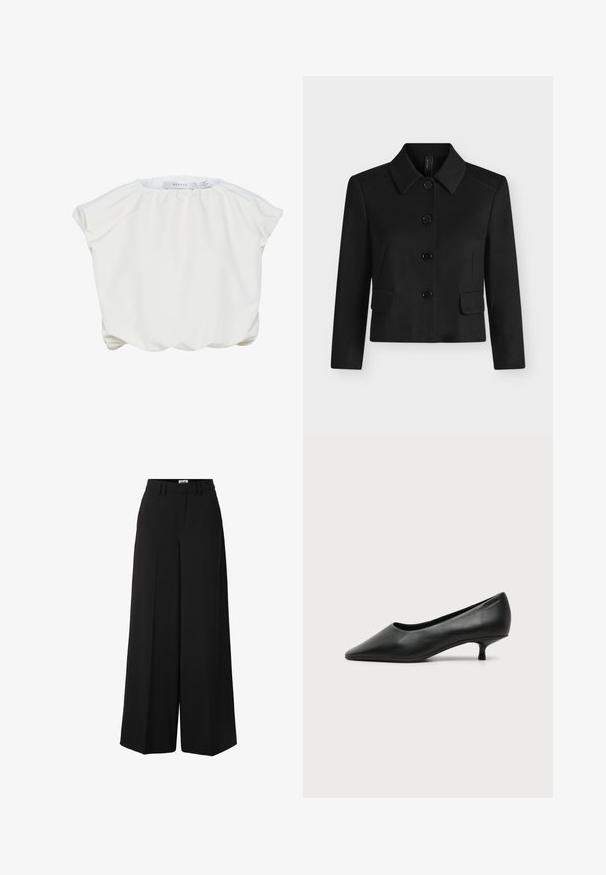 Veste noire à manches longues et col, avec quatre gros boutons et deux poches à rabat sur le devant, présentée sur un fond clair et uni.; Blouse blanche avec une texture douce et lisse, un col froncé et des manches courtes et larges. Présente un ourlet arrondi et ample pour un ajustement décontracté.; Pantalon noir à jambes larges avec passants pour ceinture, fermeture à boutons à l'avant et plis marqués le long des jambes.; Escarpin femme en cuir noir à petit talon, bout pointu et petit talon kitten sur fond clair uni.