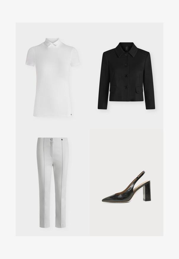 Veste noire à manches longues et col, avec quatre gros boutons et deux poches à rabat sur le devant, présentée sur un fond clair et uni.; Polo blanc à manches courtes avec un petit col, coupe ajustée et design minimaliste, présenté sur un fond clair uni.; Pantalon blanc sur mesure avec un bouton et une fermeture éclair devant, jambes droites et plis verticaux marqués sur le devant de chaque jambe.; Chaussure slingback en cuir noir à bout pointu avec un talon bloc haut et une doublure intérieure beige sur un fond clair uni.