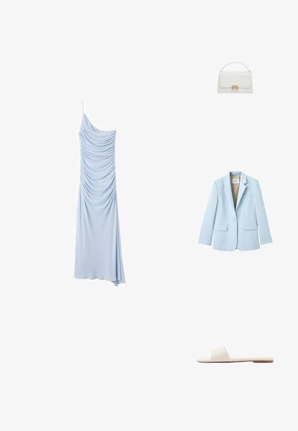 Veste bleu clair à un seul bouton avec revers crantés, deux poches à rabat et une poche poitrine passepoilée, doublée en tissu beige.; Robe de soirée bleu clair à une épaule avec des détails de tissu froncé et une longue jupe fluide.; Sandale plate blanche à enfiler avec une large bride unique et une fine semelle marron, montrée de profil sur fond blanc.; Sac à main en cuir blanc au design structuré, avec une anse supérieure et un fermoir en ton doré. Texture lisse et accents minimalistes.