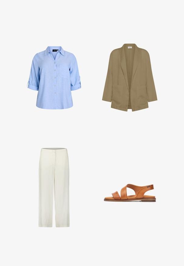 Beige linned blazer med en afslappet pasform, åbent front og to forlommer. Har 3/4 længde ærmer og en glat tekstur.; Lyseblå, kortærmet skjorte med knapper og krave, enkelt brystlomme og ærmer med rulleflap. Fremstillet af et struktureret stof.; Lyscreme, vide bukser lavet af blød, letvægtigt stof med en glat tekstur. Har en elastisk talje og ingen synlige lukninger.; Åben læder-sandal i cognacfarve med flad sål, to stropper foran, en støttebagrem og en lav hæl mod hvid baggrund.